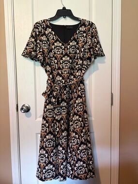 Lane Bryant Black, Cream & Tan Printed V-Neck Midi Dress